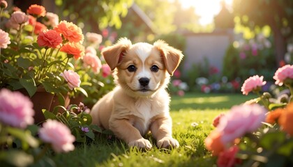 A fluffy, light-brown puppy with floppy ears, resting in a sunlit garden filled with colorful flowers. It gazes directly forward