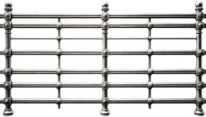 A section of ornate, metallic railing with horizontal bars and decorative vertical posts