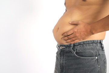 Naklejka premium Obese man with big bellies and excess fat must control their diet.