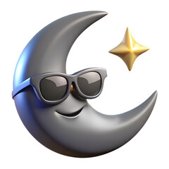 Cool cartoon moon character with dark shades cheerful expression and golden star in glossy 3D night sky theme