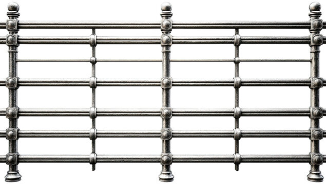 A section of ornate, metallic railing with horizontal bars and decorative vertical posts