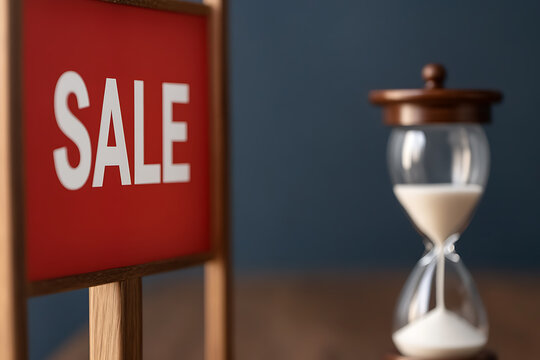 Time is of the essence! A sign indicates savings opportunities alongside an hourglass. Don't let these deals slip through your fingers, seize the moment!