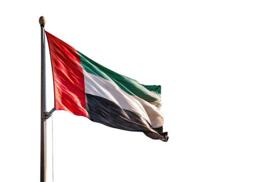 The United Arab Emirates national flag, waving in the wind, against a stark black backdrop