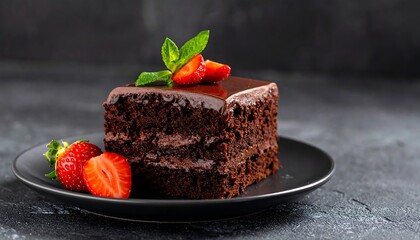 A delectable slice of chocolate cake, layered and topped with glossy ganache and garnished with fresh strawberries and mint. Served on a dark plate