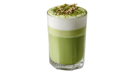 Matcha latte in glass with creamy green texture showcasing refreshing beverage made from powdered tea and milk combination isolated on white background 