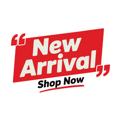 New arrival shop now red banner with white text and quotation marks Keywords: new arrival, shop now