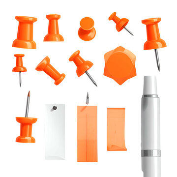 Assortment of office supplies; various push pins and note tags, plus a highlighter