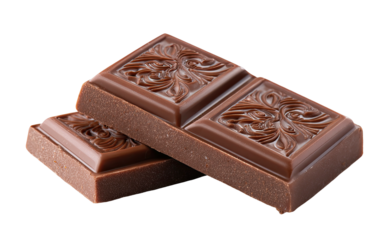 Close-up of two elegant chocolate squares, one atop the other, with decorative embossed patterns