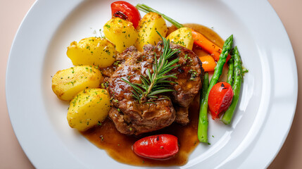 Plated meal featuring meat potatoes asparagus carrots and tomatoes on a white plate dish close up