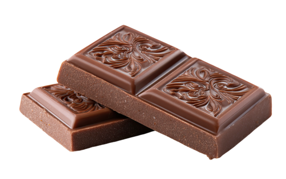 Close-up of two elegant chocolate squares, one atop the other, with decorative embossed patterns
