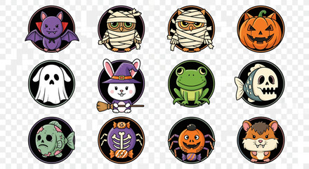A collection of cute cartoon Halloween characters and creatures in round icons.