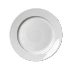 A plain white ceramic dinner plate, viewed from above, isolated on a black background
