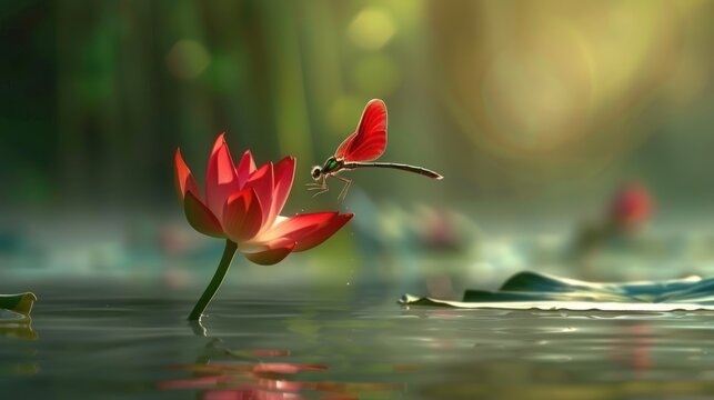 Red Dragonfly Hovering Near Pink Water Lily in Calm Water Scene - Powered by Adobe