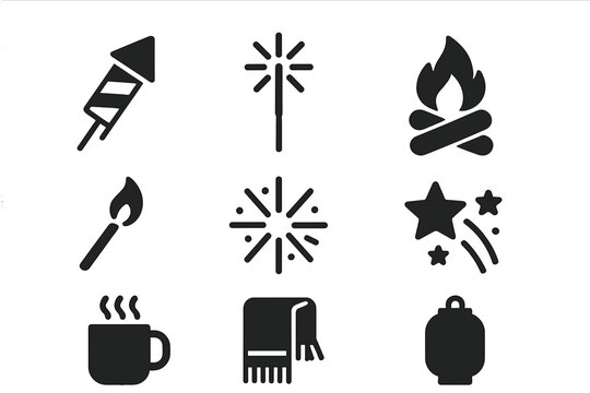 Iconic symbols of Bonfire Night including fireworks and campfire   - Powered by Adobe