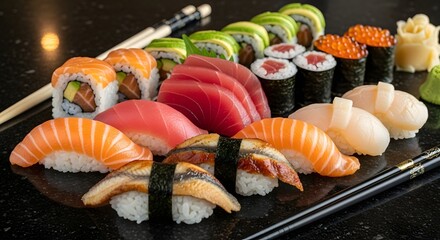 Assorted sushi and sashimi platter with rolls and nigiri on a black surface ready to be served now