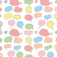 Seamless pattern of pastel colored speech bubbles and stars on a white background