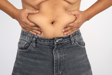 Naklejka premium Obese man with big bellies and excess fat must control their diet.