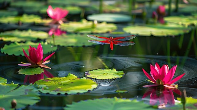 Red Dragonfly Flying Over Pink Water Lilies in Calm Pond