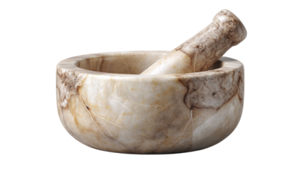 Marble mortar and pestle with smooth polished texture used for grinding herbs and spices in kitchen or traditional medicine isolated on white background 