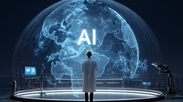 Scientist stands before a glowing digital Earth with AI inscription, symbolizing global artificial intelligence networks and futuristic data connectivity.
