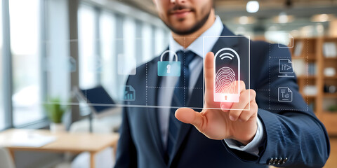 Businessman uses fingerprint scanner to delete sensitive digital files, ensuring data privacy and security in a modern office environment