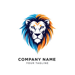 Vibrant lion head logo with blue and orange mane illustration.