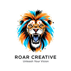 Colorful lion head logo design for creative business branding.