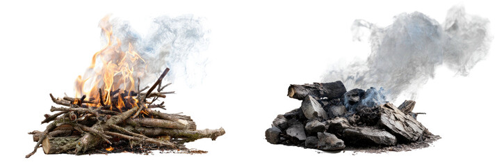 Two stages of combustion; burning logs and cooled embers, with smoke against a black background