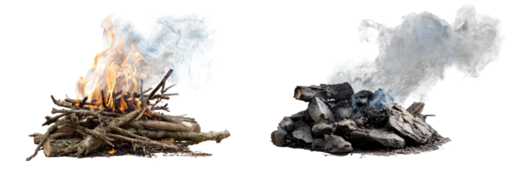 Two stages of combustion; burning logs and cooled embers, with smoke against a black background