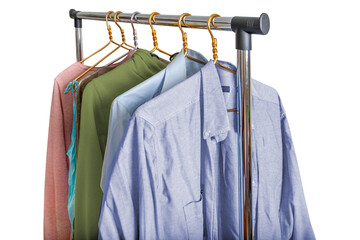 Various men's and women's clothing on a clothing rail