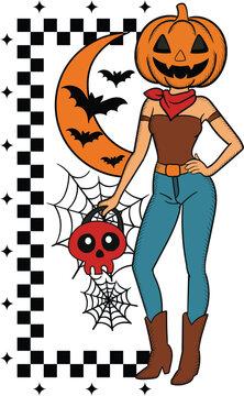 Hand Drawn Halloween Girl with Pumpkin Illustration