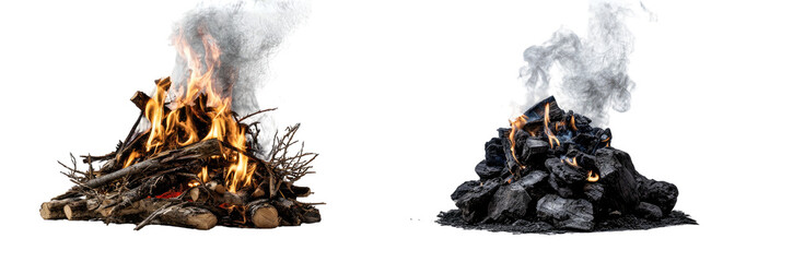 Image of two piles, one lit and the other burned, emitting smoke against a black background