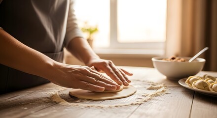Woman preparing dough on a wooden table with flour and ingredients near a window in a kitchen setting