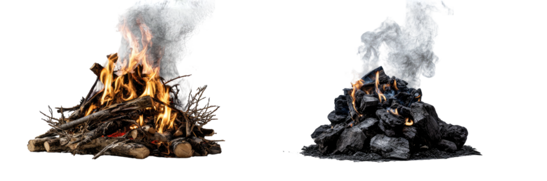 Image of two piles, one lit and the other burned, emitting smoke against a black background