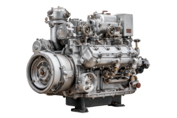 Detailed view of a complex, metallic engine with pipes, gears, and other mechanical components