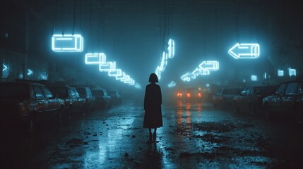 Mysterious Woman Walking in Neon Lighted Urban Parking Lot at Night