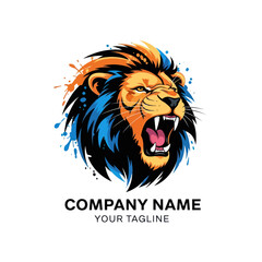Roaring Lion Head Logo Design with Vibrant Colors and Aggressive Expression.