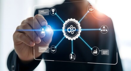 Businessman interacting with a digital interface showing a network of business processes