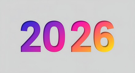 The year 2026 in a colorful gradient font, isolated on a light gray background, representing the future and new beginnings