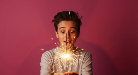 A young person with a surprised expression holds a burning sparkler. Festive celebration with fireworks against a magenta pink background. Holiday joy and wonder concept