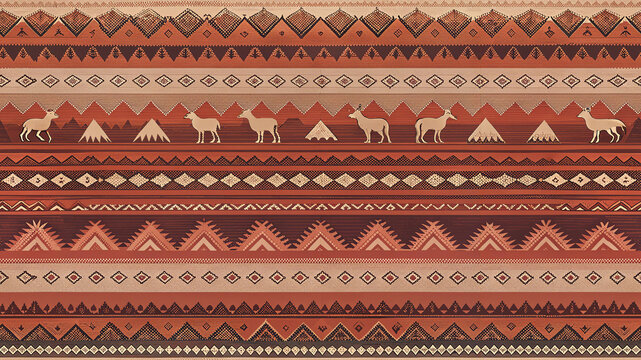 Andean Alpaca Stripe Seamless Pattern, Peruvian Geometric Textile Border in Terracotta and Ochre, Rustic Ethnic Boho Tribal Repeat with Llama Motifs and Mountain Bands