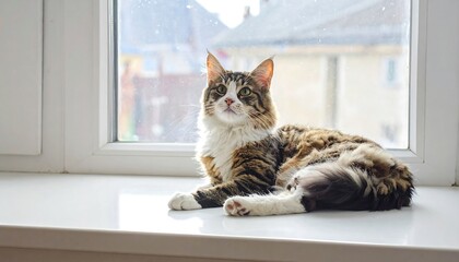 A fluffy, long-haired feline reclines elegantly on a bright, white windowsill, gazing upwards with curiosity. The window showcases a blurred view of outdoor surroundings