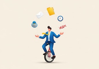 Cartoon businessman juggling work tasks while riding a unicycle isolated on white background, showcasing multitasking and time management skills