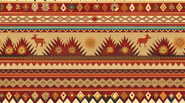 Andean Alpaca Stripe Seamless Pattern, Peruvian Geometric Textile Border, Inca Boho Ethnic Repeat in Terracotta Ochre and Gold South American Folk Art Design