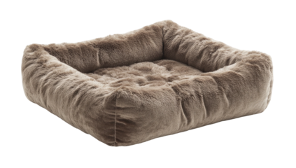 Plush, brown, square, furry pet bed with raised edges against black backdrop