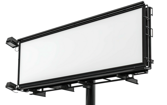 Billboard Empty white billboard angled up, black frame and structural supports
