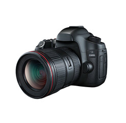 Fototapeta premium A realistic digital single-lens reflex camera, black and glossy, isolated against a dark background