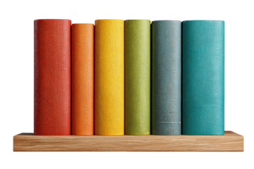 A colorful arrangement of six bound books standing upright on a wooden shelf