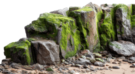 Weathered rock formation with moss, small stones, and sandy base