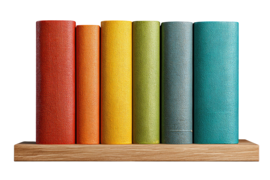 A colorful arrangement of six bound books standing upright on a wooden shelf